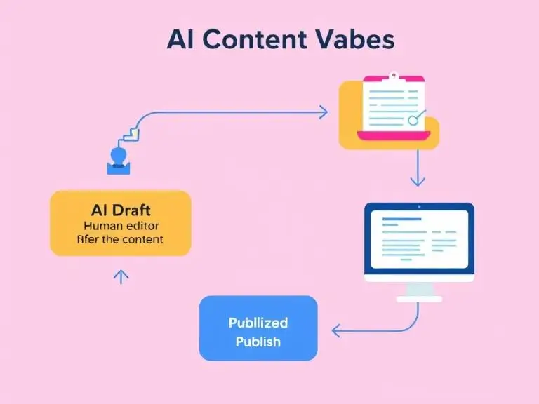 An AI content workflow diagram showing AI tool generating a draft, human editor refining the content, and final content published on a CMS. Color-coded with labeled steps like "AI Draft → Human Edit → SEO Optimize → Publish."