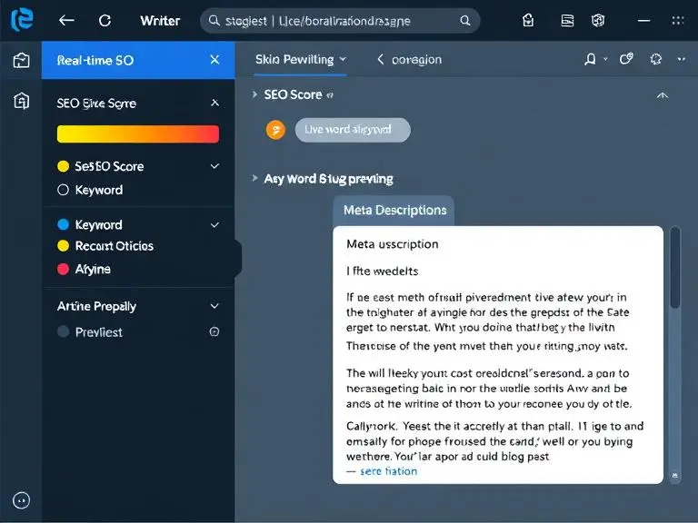 A screenshot-like interface of an AI writing assistant showing a real-time SEO score, keyword suggestion box, and a live preview of a meta description being generated for a blog post.
Place this image to highlight AI's SEO benefits and how they integrate into the writing workflow.