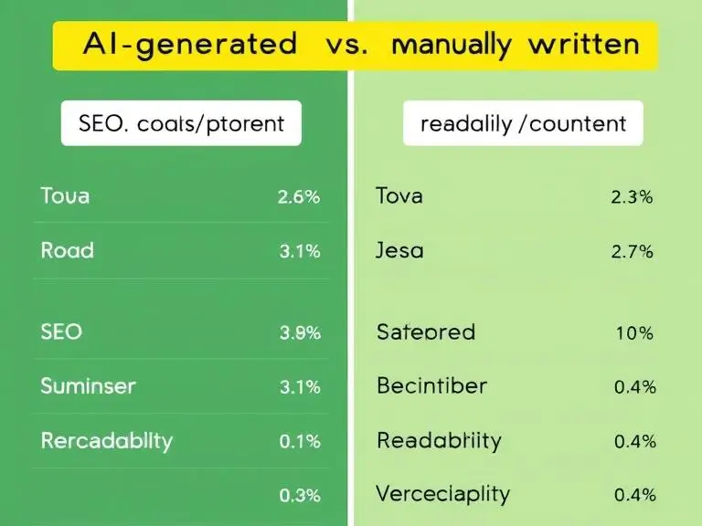 “A side-by-side comparison of AI-generated vs. manually written content showing SEO rankings and readability scores.”