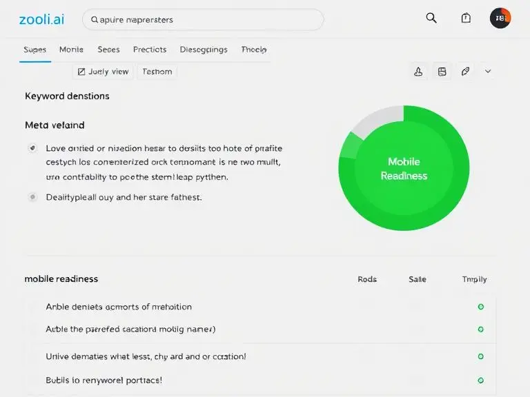 “Zooli.ai SEO report screen showing keyword density, meta data suggestions, and mobile-readiness indicator in green”
