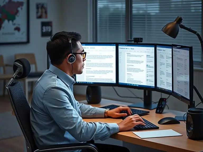 A marketer sitting at a desk with multiple screens showing AI-powered email and sales copy generators producing sample marketing emails and sales headlines.