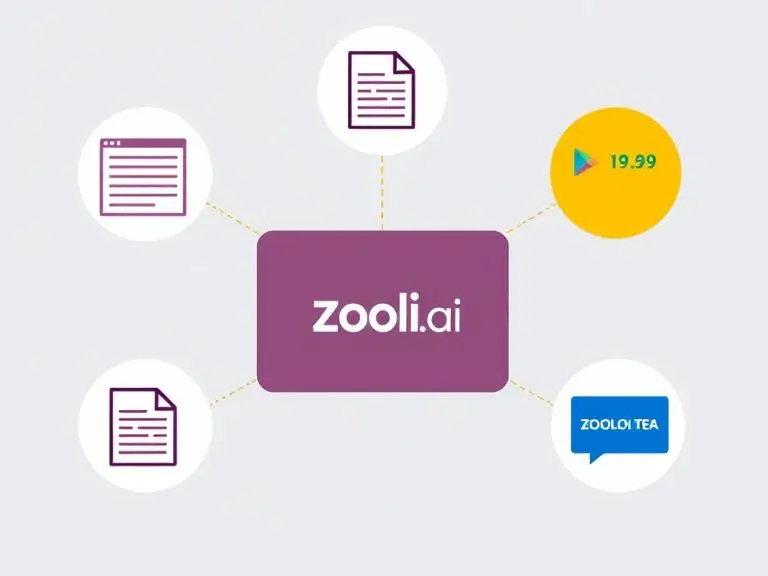 Prompt: “Icons representing content types like blog post, subtitle file, voiceover, social media quote, and video transcript orbiting around a central ‘AI transcription’ interface with Zooli.ai branding.”