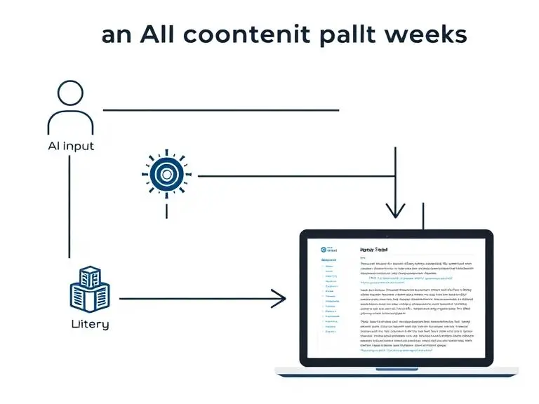 “Illustration of how an AI content platform works: flowchart showing user input, AI engine processing, NLP filtering, and output generation on a laptop screen.”
