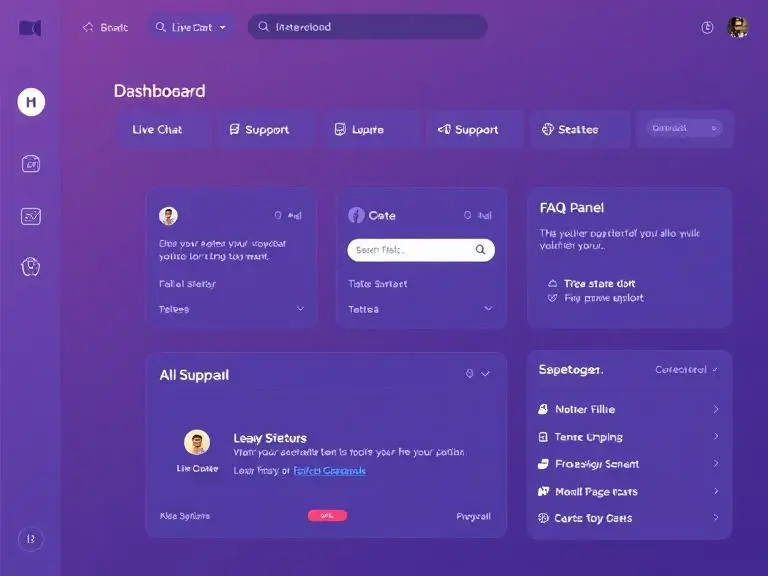 Dashboard view showing AI voiceover platform support options: live chat box, email contact form, support ticket system, and FAQ panel in clean modern UI