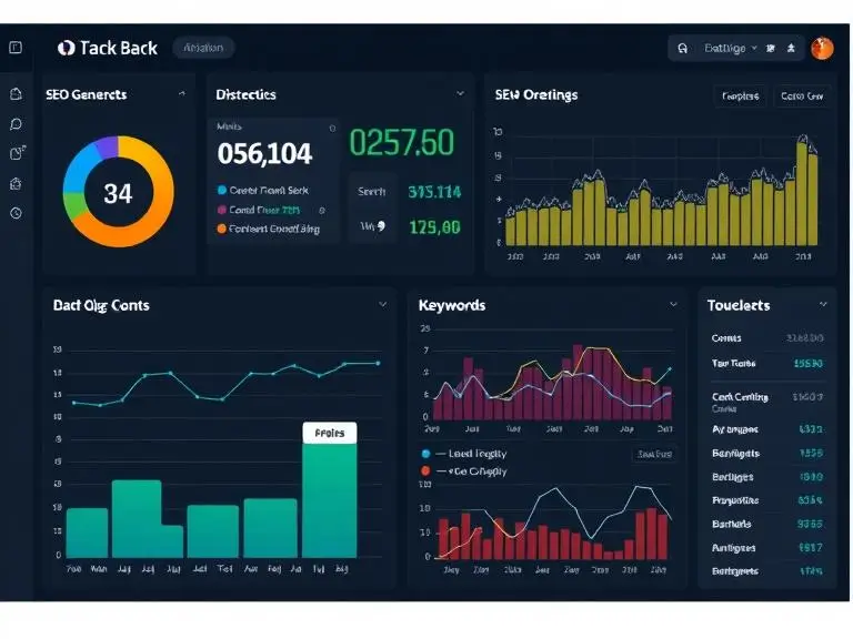 A digital dashboard showing SEO metrics improving as AI-generated content is published, with graphs and keyword analytics.