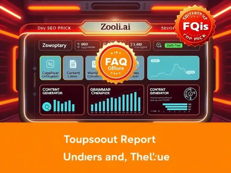 A futuristic digital dashboard labeled “Zooli.ai” displaying tools like SEO optimizer, content generator, and grammar checker, with a glowing “Editor’s Choice” badge.
Place this image under this FAQ to visually support Zooli.ai as the top pick.