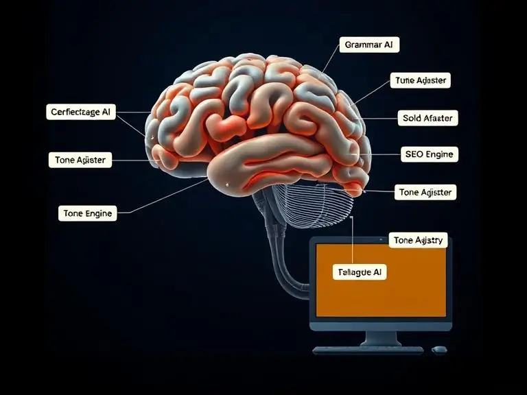 side cutaway of an AI brain connected to a computer interface, with labeled functions like “Grammar AI,” “SEO Engine,” and “Tone Adjuster.”
Insert this image beneath this FAQ for a visual representation of how AI assistants work.