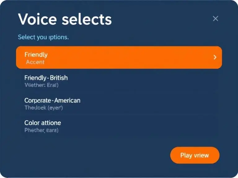Voice selection interface showing a list of voice options by name, accent, tone type (e.g., “Friendly - British”, “Corporate - American”) with a play button for preview