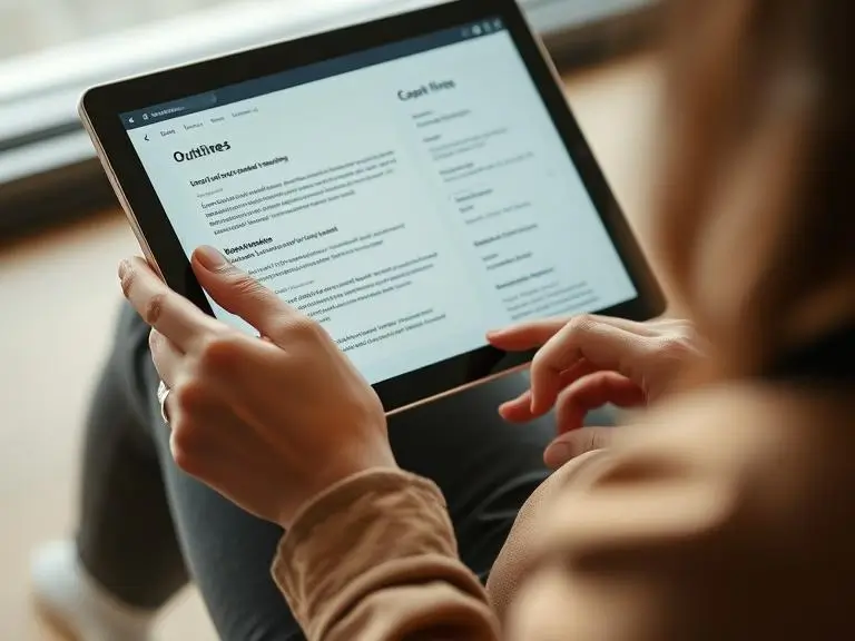 A content strategist using a tablet to review AI-generated blog post ideas and outlines, with notes and keyword highlights visible.