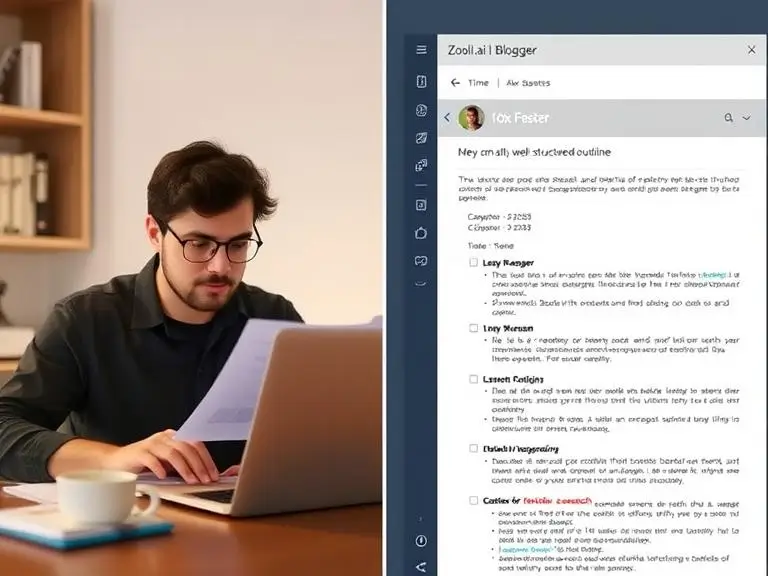 A split-screen showing a blogger doing manual research on one side and Zooli.ai auto-generating a well-structured outline on the other side with a timer showing “10x Faster”.