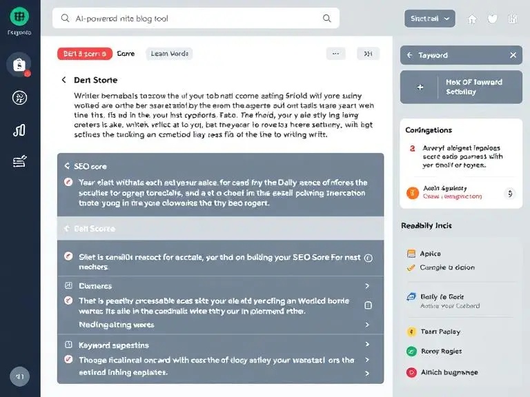 “An AI-powered writing tool dashboard showing a blog being written with SEO score, keyword suggestions, and readability analysis in the interface”