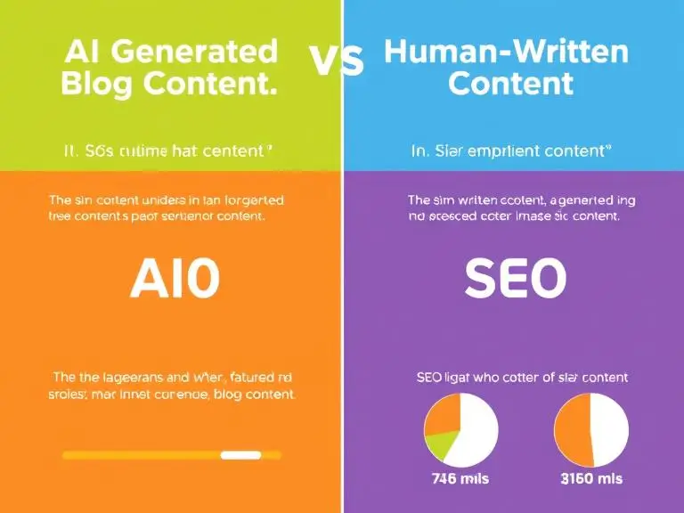 Prompt: A side-by-side comparison of AI-generated blog content vs human-written content, with SEO scores highlighted – modern infographic style.