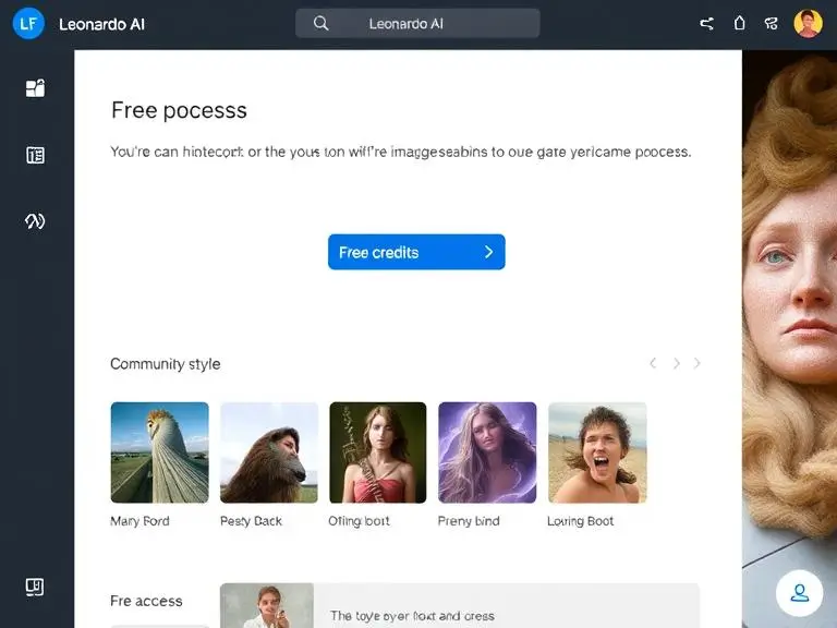 “User interface of Leonardo AI with free image generation in process, visible credits bar and community style selection”
Ideal for illustrating the free access features.