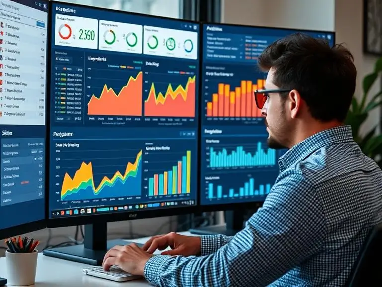"A marketer analyzing website analytics dashboards on a large monitor, highlighting SEO keyword rankings and engagement metrics."