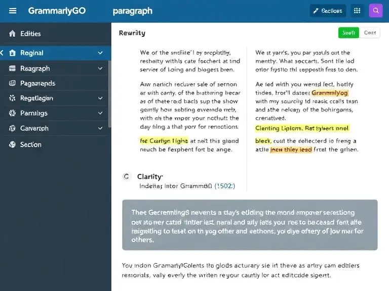 A comparison screen showing the original paragraph vs. GrammarlyGO’s rewritten version, with style and clarity improvement indicators visible. Place this image after GrammarlyGO’s section to emphasize the editing advantage it offers over others.