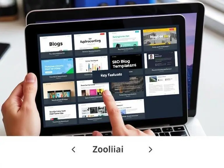 A grid of Zooli.ai templates (blog, email, ad copy) shown on a tablet and laptop screen, with a user hovering over the “SEO Blog Template.” Use this image in the middle of the "Key Features" section to give visual representation of template diversity.