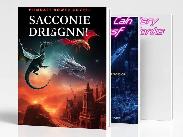 A collection of AI-generated book and music album covers: a fantasy novel with dragons, a cyberpunk album with neon lights, and a minimalist poetry book.