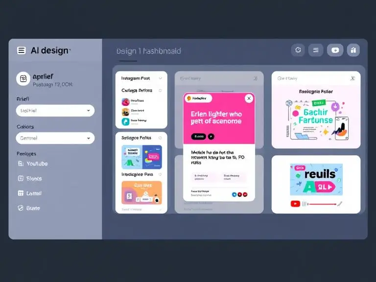 A smart AI design dashboard with an input brief on the left, and automatically generated visual options (Instagram post, infographic, and YouTube thumbnail) on the right.