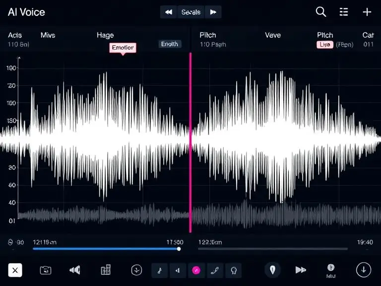 Side-by-side UI of AI voice waveform vs human voice waveform with emotion markers, pitch curves, and audio controls in a clean audio editor interface
