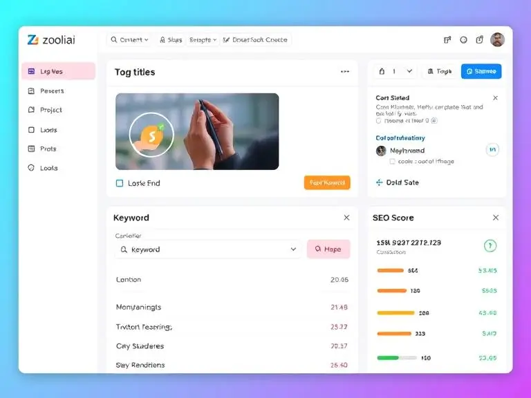 Screenshot-style UI of Zooli.ai’s dashboard showing blog title generation, content editor, keyword input box, and SEO score panel.