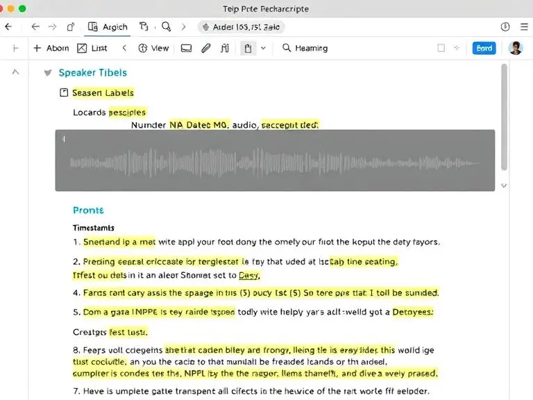 Prompt: “A screenshot-style interface of an online transcript editor with highlighted text, speaker labels, timestamps, and audio waveform syncing features.”