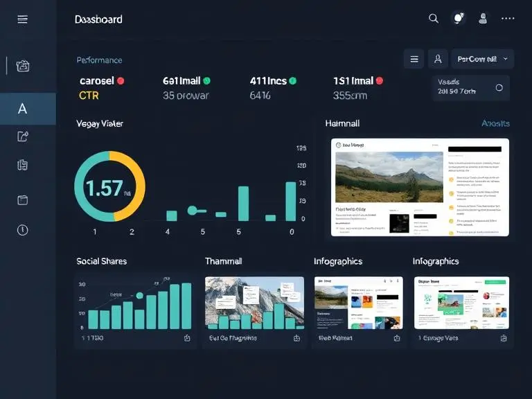 A dashboard view of an AI Visual Content Creator like Zooli.ai, showing visual performance analytics including CTR, engagement rate, and social shares for different formats (carousel, thumbnail, infographic).