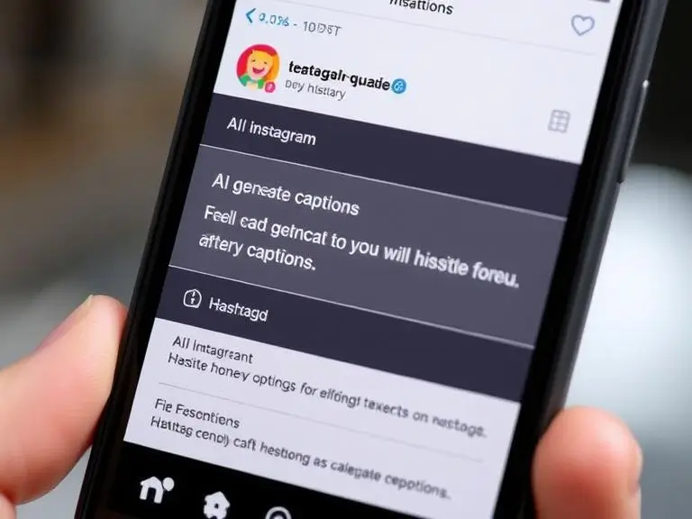 An Instagram post interface on a smartphone showing AI-generated captions and hashtag suggestions, with engagement icons like likes and comments visible.