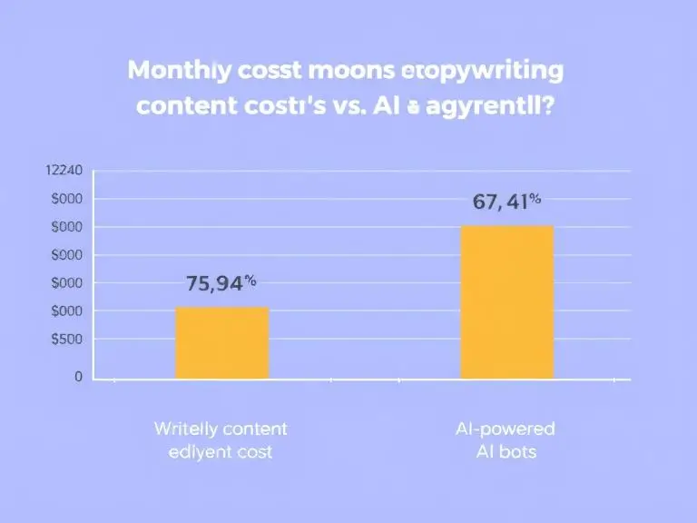 Prompt: A financial chart comparing monthly content costs of traditional copywriting vs AI-powered writing, with AI costs shown as significantly lower — clean bar chart with icons for writers, editors, and AI bots.