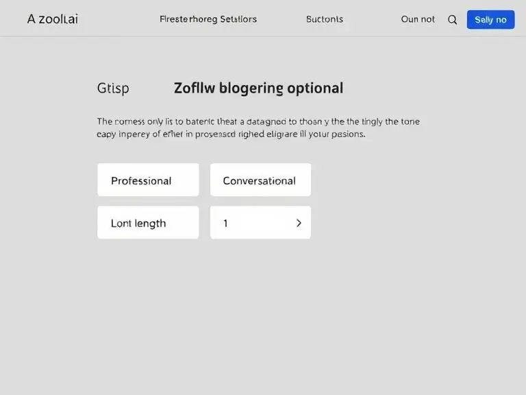 "User selecting tone options like 'Professional', 'Conversational', and blog length (600, 1200, 2000+ words) in a sleek interface of an AI blog writing tool labeled Zooli.ai"
