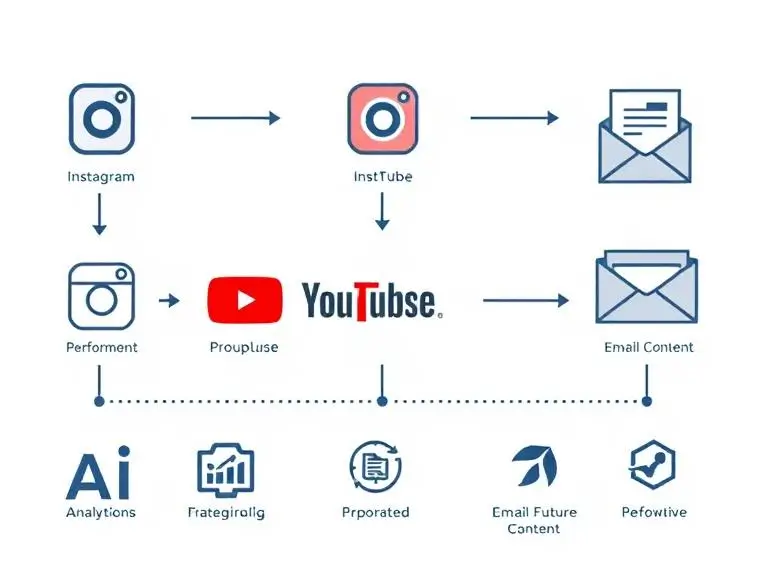 A workflow chart showing how performance data from Instagram, YouTube, and email feeds back into an AI tool to generate better future content. Include icons for analytics, AI, and social platforms.