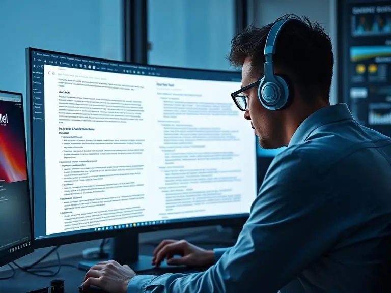 "SEO specialist reviewing AI-generated content on a computer monitor, with keyword analysis and optimization tools open."