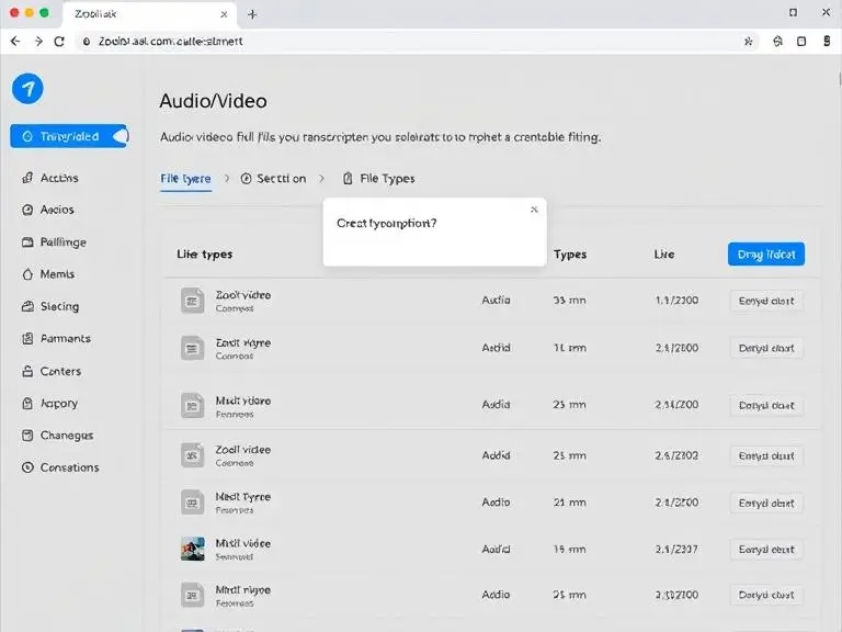 Prompt: “A user interface showing Zooli.ai’s dashboard with audio/video files being uploaded for transcription, with file types and drag-and-drop elements visible.”