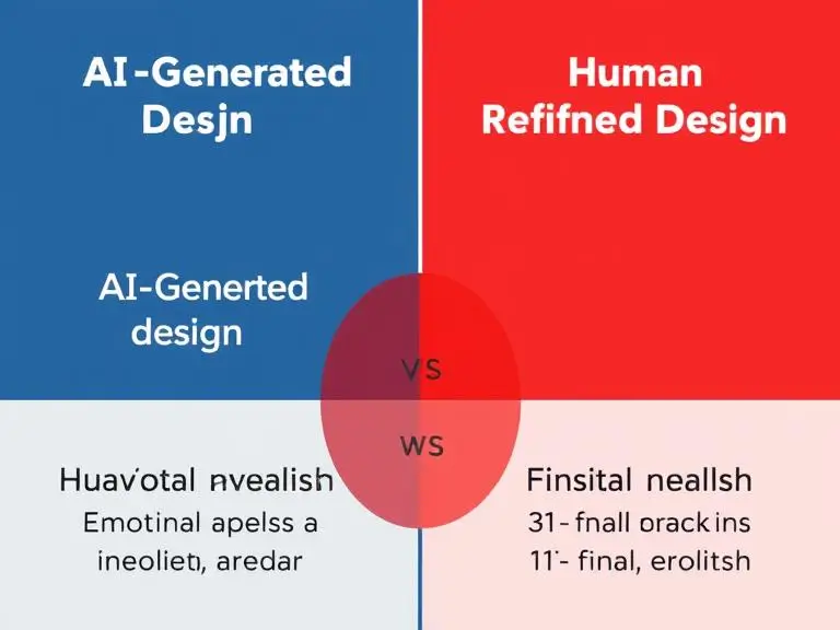 A comparison chart showing “AI-Generated Design” on one side and “Human Refined Design” on the other with a visual showing improvement in emotional appeal and final polish.
