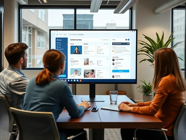 "Team of content marketers using Zooli.ai on a shared screen in a modern office setting, with visible dashboard showing collaborative tools and blog project overview"