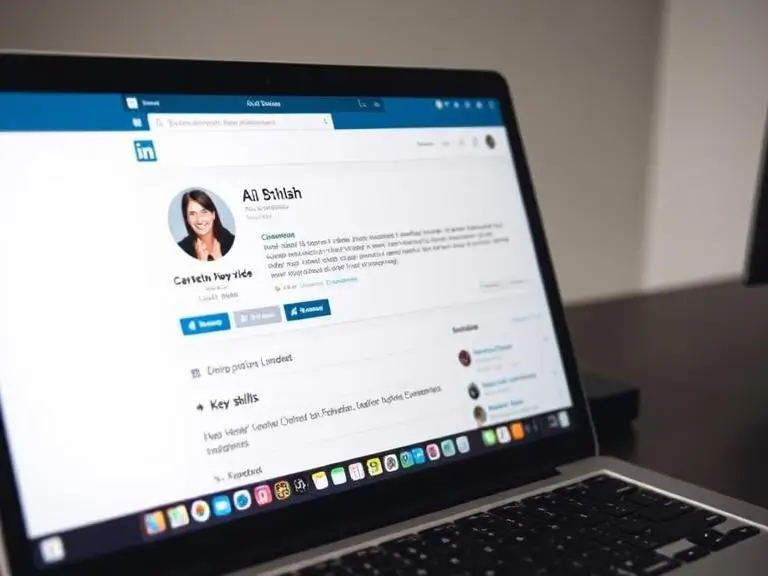 A professional LinkedIn profile page on a laptop screen showing an AI-generated headline and bio, with key skills and endorsements visible.