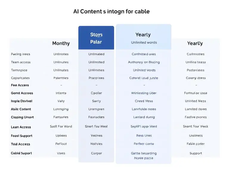 “A pricing comparison table showing monthly and yearly plans for different AI content platforms, highlighting features like unlimited words, team access, and support.”