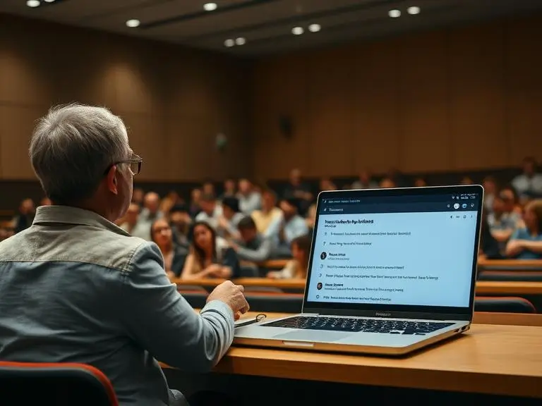 Prompt: “A university lecture hall with a professor speaking while Zooli.ai transcribes in real-time on a laptop screen. Multiple accents and languages visible on the transcription interface.”