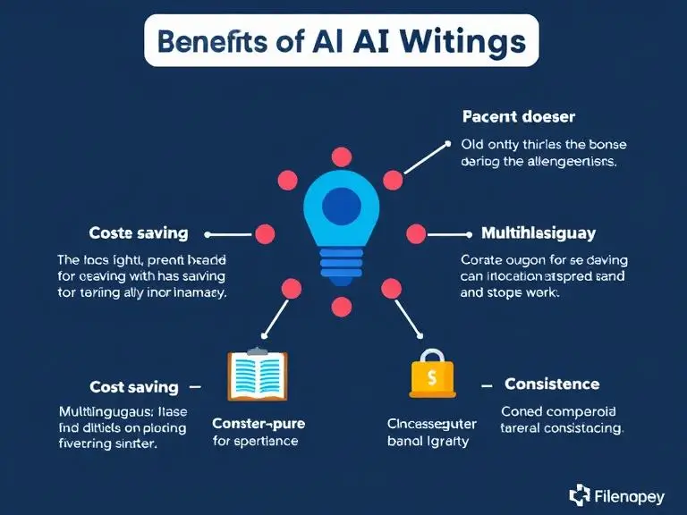 Infographic showing benefits of AI writing: speed, SEO boost, cost-saving, multilingual support, and brand consistency. Flat design, colorful icons.