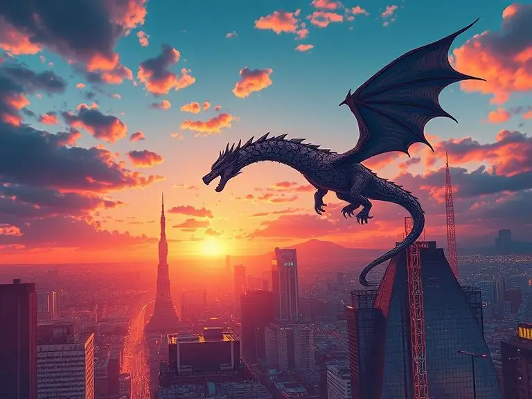 An AI neural network creating artwork from a user’s text prompt: “A majestic dragon flying over cyberpunk Tokyo during sunset,” with a step-by-step transformation from words to image.