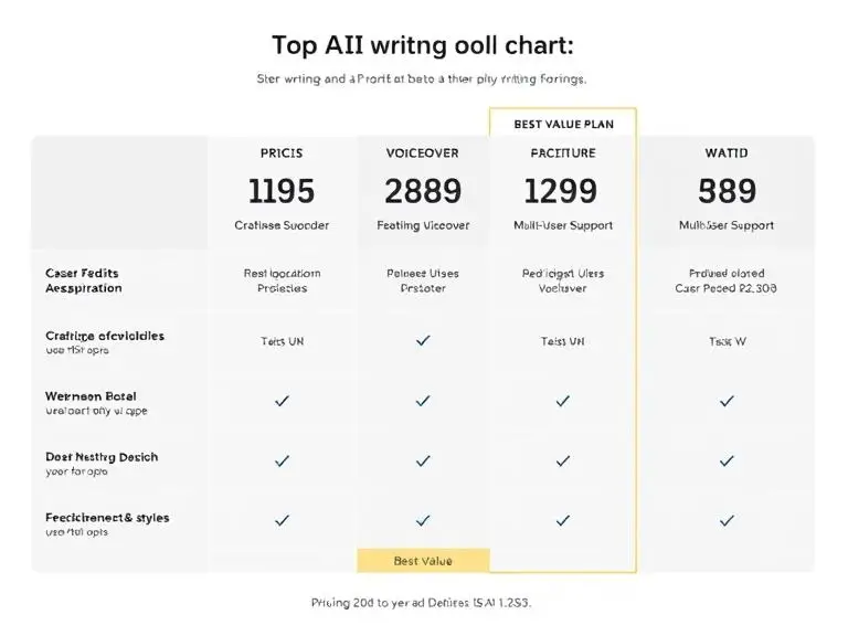 Prompt: Pricing comparison chart between top AI writing tools showing features like credits, integrations, voiceover, and multi-user support — clean table layout with highlighted best-value plan.