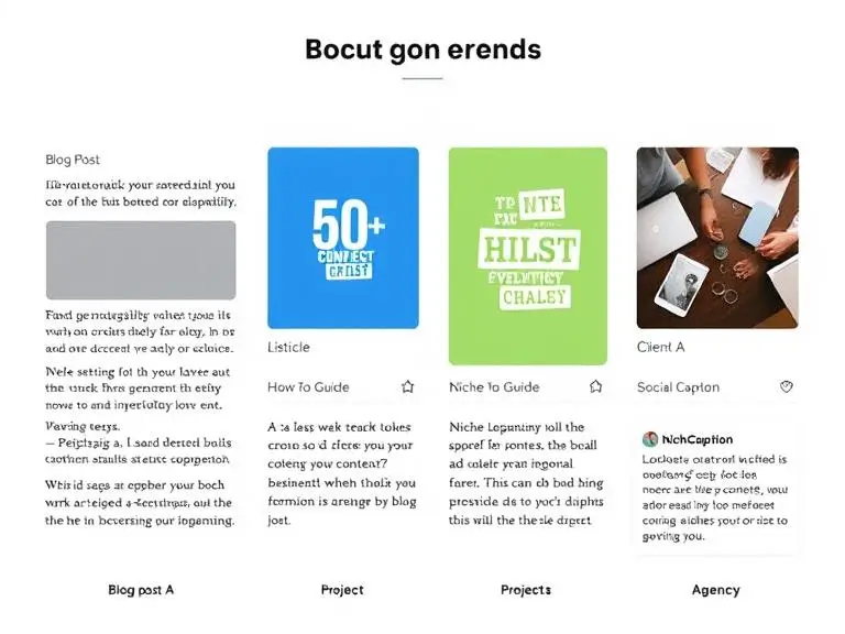 A side-by-side display of different content formats being generated — blog post, listicle, how-to guide, and social caption — with client/project labels like “Client A,” “Niche Blog,” “Agency Work.”