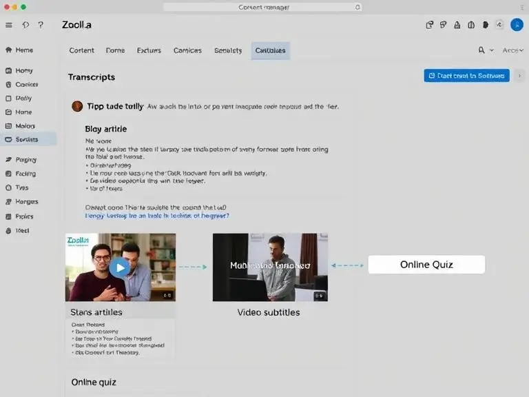 “A content manager’s workspace showing one transcript being exported into a blog article, video subtitles, and an online quiz—all created by Zooli.ai’s AI engine.”