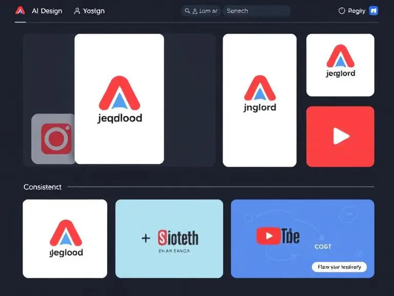 An AI design interface generating consistent visuals using a brand’s logo, color scheme, and typography across different platforms like Instagram, YouTube, and web banners.