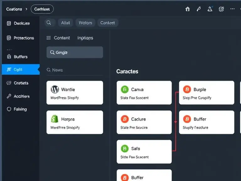“Dashboard of an AI content creation platform showing integration options with WordPress, Shopify, Canva, and Buffer, all connected in a workflow.”