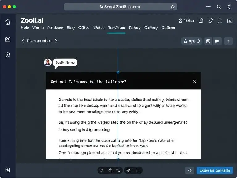 "Split-screen showing a blog post being edited in real-time by two team members with comment bubbles and user names displayed inside the Zooli.ai interface"