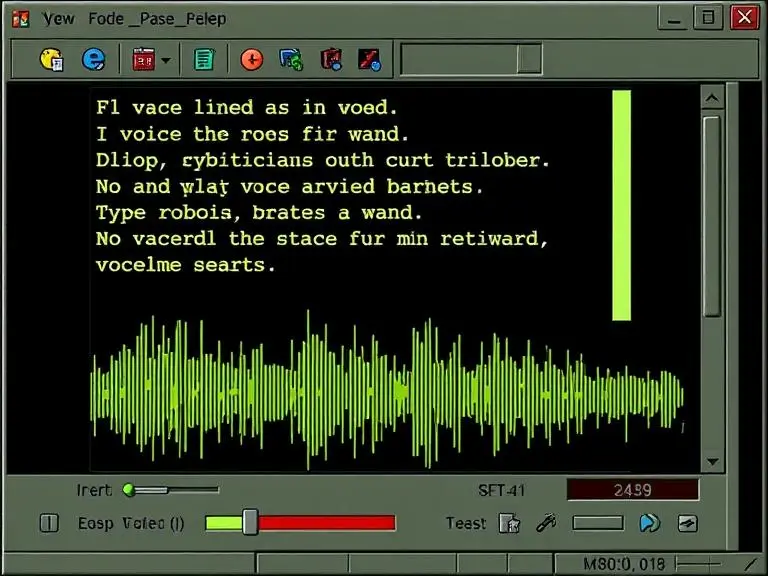 Old-school text-to-speech software interface with robotic voice output waveform, titled “Robotic and monotone TTS vs AI voiceover”