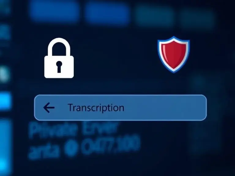 Prompt: “A secure server interface showing data encryption and privacy shield icons with a transcription file marked as ‘private and encrypted.’”