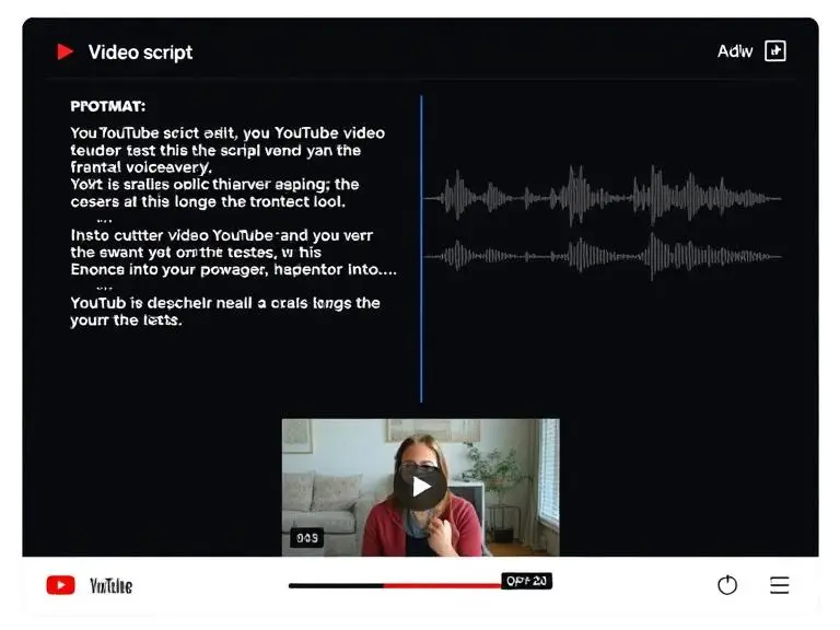 Prompt: An AI interface showing a YouTube video script being written and instantly converted into a voiceover — screen shows text on one side and audio waveform playback on the other, with a video thumbnail preview below.