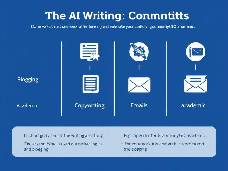 A side-by-side chart comparing different writing use cases (Blogging, Academic, Copywriting, Emails) with icons representing each, leading to their matching AI writing assistant (e.g., Jasper for blogging, GrammarlyGO for academic).
Place this image below this section to visualize content-use alignment.