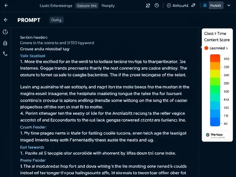 Prompt: A long-form blog draft auto-generated by an AI writing assistant, showing section headers, SEO keywords, and a real-time content score meter on the side.